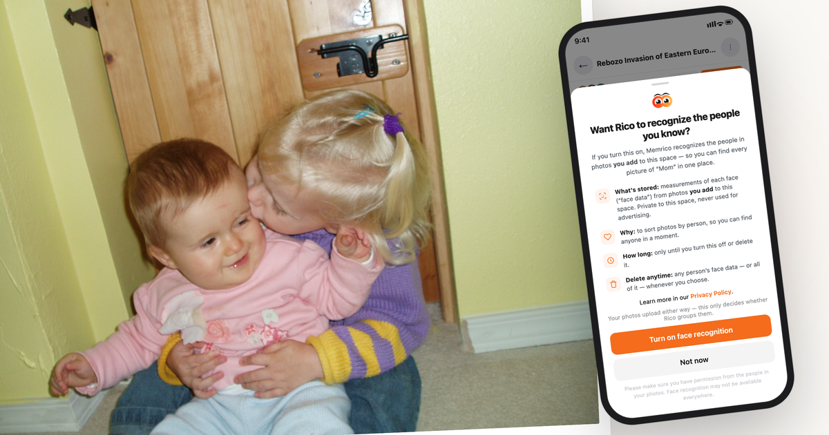 A photo of two young sisters, one kissing the baby, with a phone lying across it showing Memrico's face-recognition consent screen and the choice to turn it on or not.