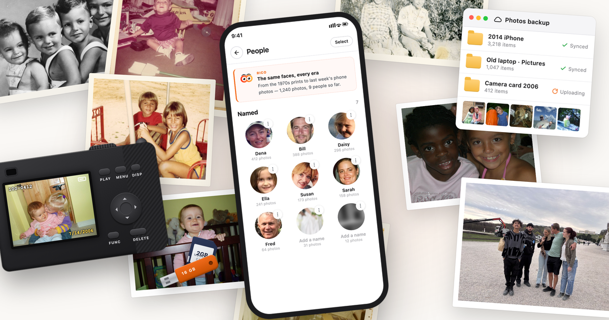 An old digital camera showing a family photo on its screen, a USB stick, a memory card, and a cloud backup window scattered among decades of printed photos, with a phone on top showing Memrico's People view recognizing the same faces.