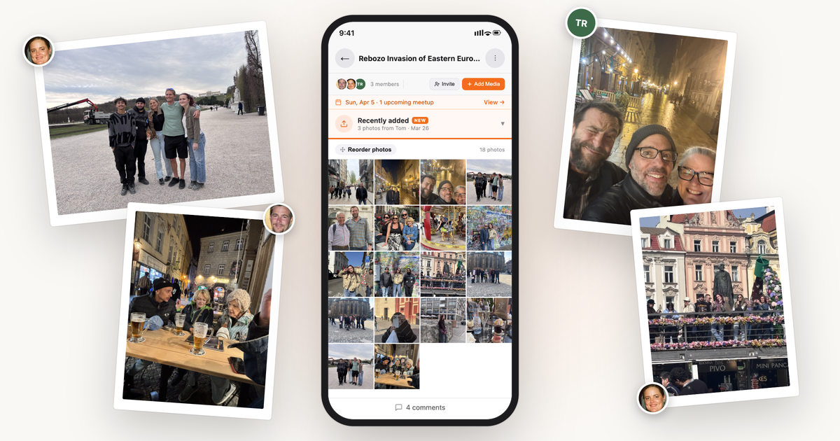 Four printed photos from a family trip fanned around a phone showing the same photos in a shared Memrico album, each print tagged with the relative who added it.