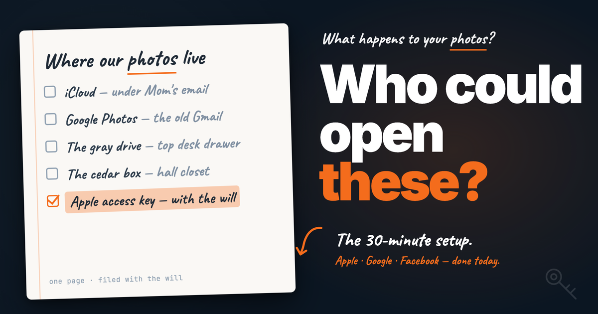 A handwritten note titled "Where our photos live" listing photo locations, next to the headline "Who could open these?"
